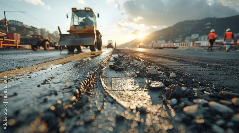 Close up of a highway paving activity, many workers are on duty. daylight conditions are hot in the sun. Close up of a highway paving activity, many workers are on duty. daylight conditions are hot in the sun.