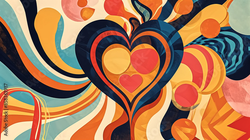 Colorful Abstract Art with Heart Shapes and Vibrant Swirls in Retro Style