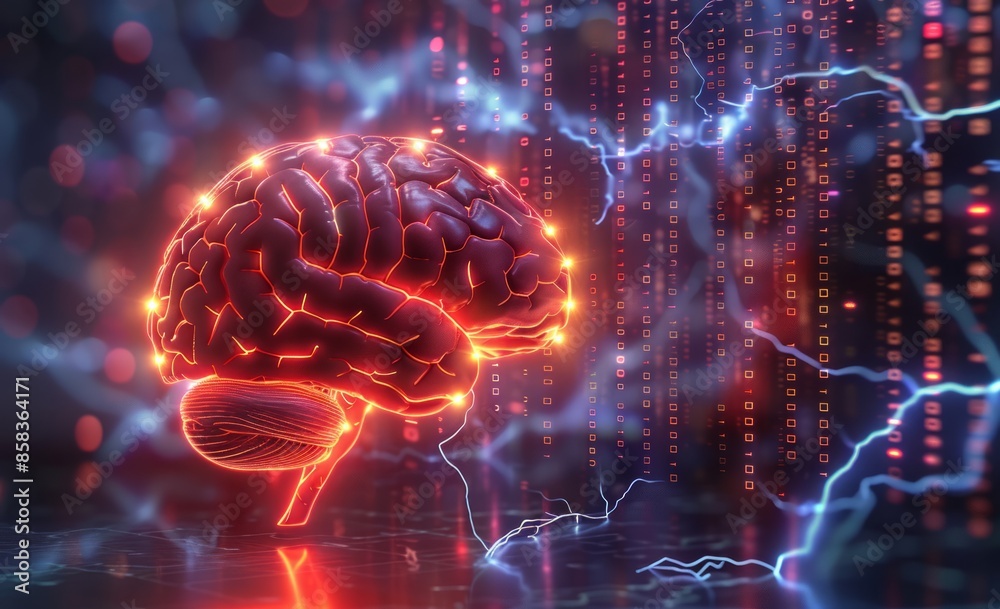 Digital Brain with Binary Code and Electrical Charges Digital Brain with Binary Code and Electrical Charges