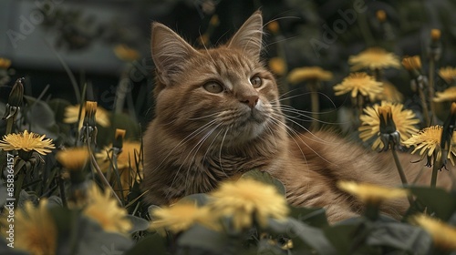   A close-up shot of a feline lounging in a field of vibrant daisies, with golden dandelions framing the scene
