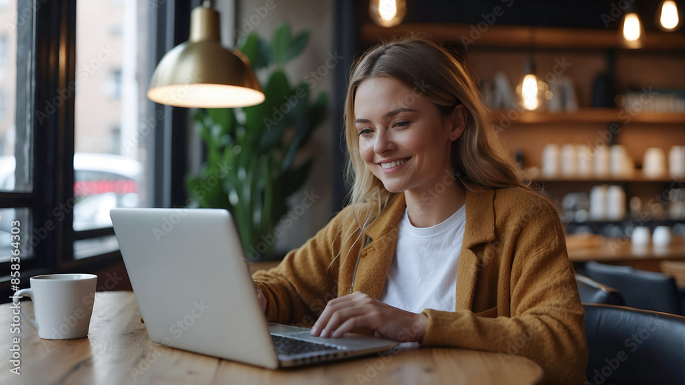 Happy young woman working on laptop computer and drinking coffee at coffee shop. Happy young woman working on laptop computer and drinking coffee at coffee shop.