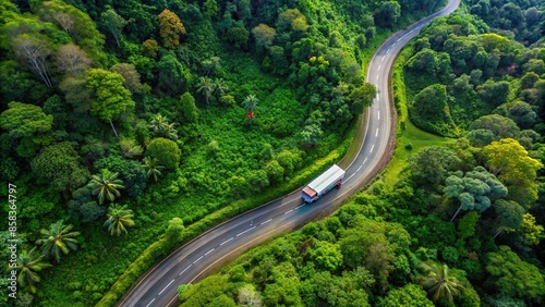 Aerial view of a highway winding through a lush rainforest with a truck driving towards a hill destination, road