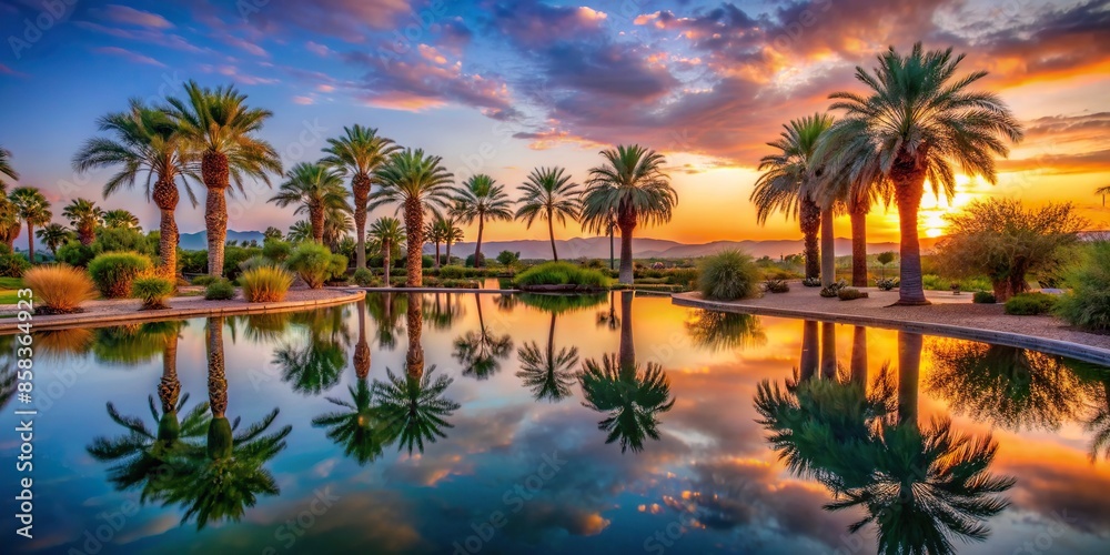Desert oasis at sunset with palm trees, reflecting pool, and vibrant colors, desert, oasis, sunset, palm trees