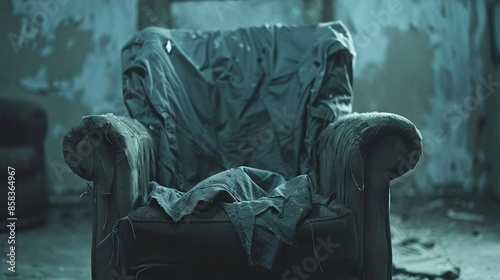   A chair with a cloth on it is in a room with peeling paint, and another chair with a cloth on it photo