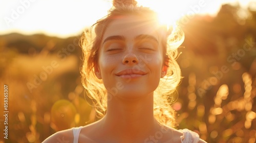 closeup beautiful woman enjoys smile in sunset background