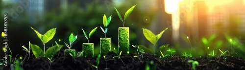 Bar charts and graphs emerging from green leaves, symbolizing sustainable finance and growth