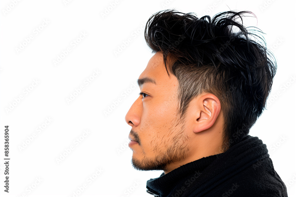 Fototapeta premium side profile portrait of an Asian man, seamless white background