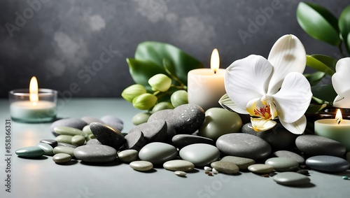 Zen stones, candles and white orchid flower on green and grey background 
