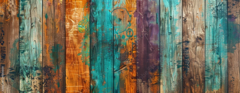 Colorful weathered wooden planks create a rustic background with vintage charm, perfect for unique designs Colorful weathered wooden planks create a rustic background with vintage charm, perfect for unique designs