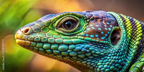 Close up of a lizard with vibrant scales and textured skin, lizard, reptile, close up, scales, texture, creature © Woonsen