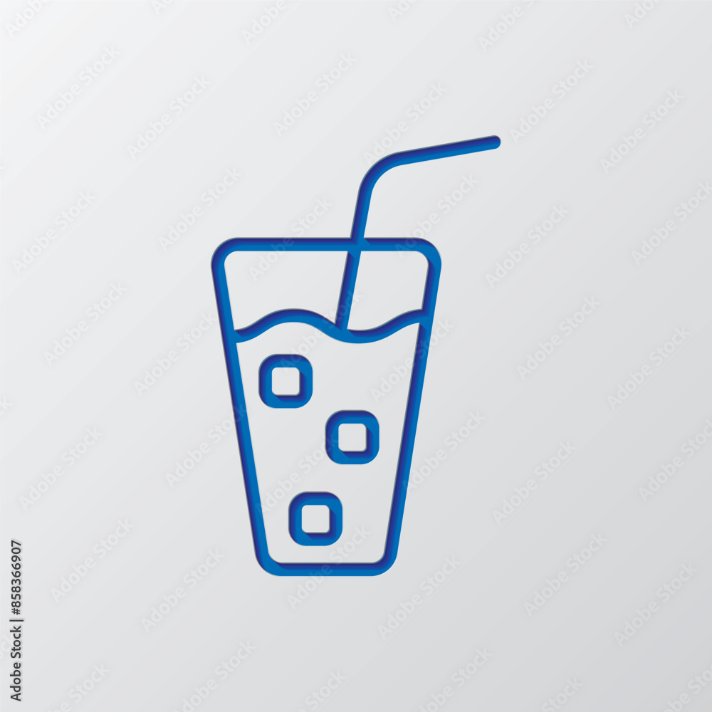 Glass with ice cube simple icon vector. Flat design. Paper cut design. Cutted blue symbol with shadow. Gray background Glass with ice cube simple icon vector. Flat design. Paper cut design. Cutted blue symbol with shadow. Gray background