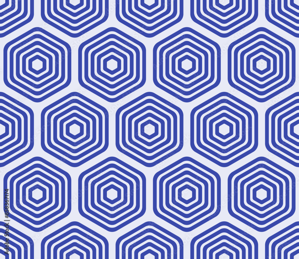 Fototapeta premium Abstract background with geometric mosaic shapes. Royal Blue color on matching background. Bold rounded stacked hexagons mosaic pattern. Large hexagons. Seamless pattern. Tileable vector illustration.