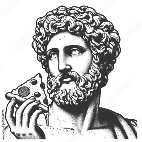 classical Roman Greek statue eating a slice of pizza, ancient art modern food culture sketch engraving generative ai vector illustration. Scratch board imitation. Black and white image.