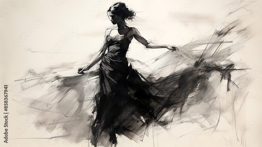 Fototapeta premium wide entertainment banner, black and white illustration charcoal pencil sketch drawing of women dancing and performing on stage with beautiful long dress, active live event scene in white background
