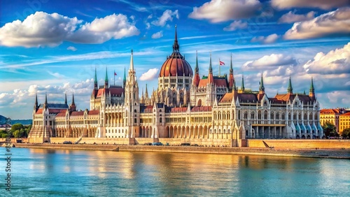 Grand and majestic Hungarian Parliament building on the banks of the Danube River in Budapest, Hungary photo