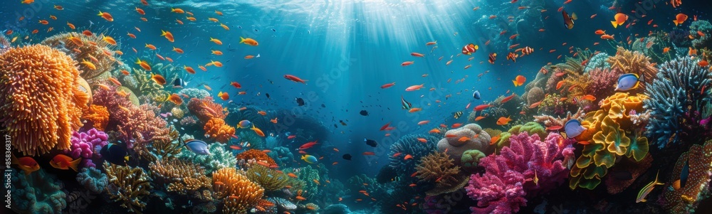 Fototapeta premium Brightly colored coral reef with sunbeams and fish in the ocean, Travel concept