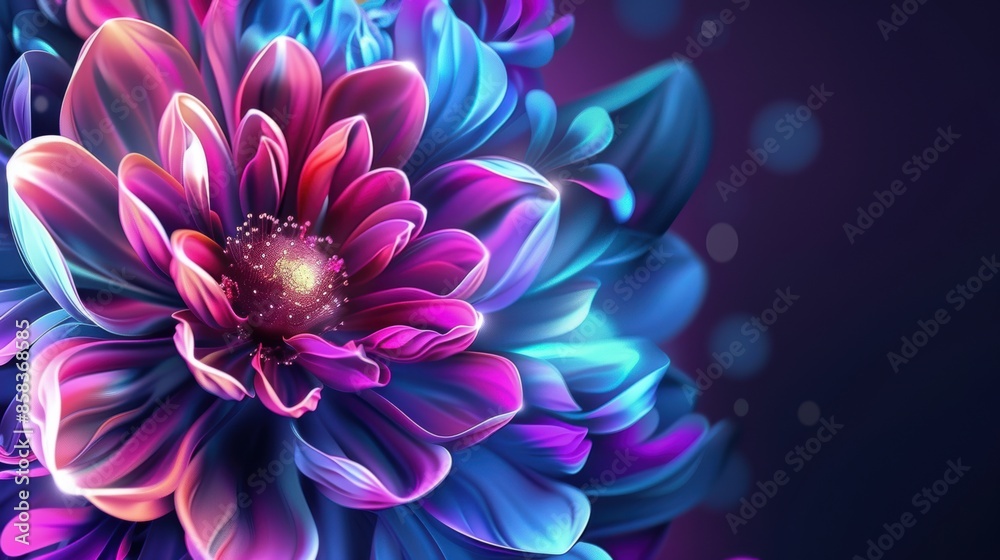 Vibrant neon glowing flower with blue and pink petals
