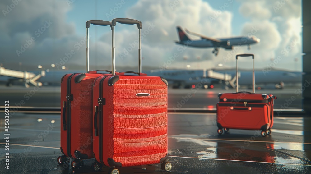 Bright red suitcases waiting near panoramic airport window; airplane takes off in background; travel bags ready at departure terminal. Bright red suitcases waiting near panoramic airport window; airplane takes off in background; travel bags ready at departure terminal.
