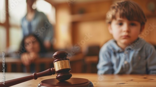 Cute child and mother at table with gavel of judge blurred in background, family law concept photo