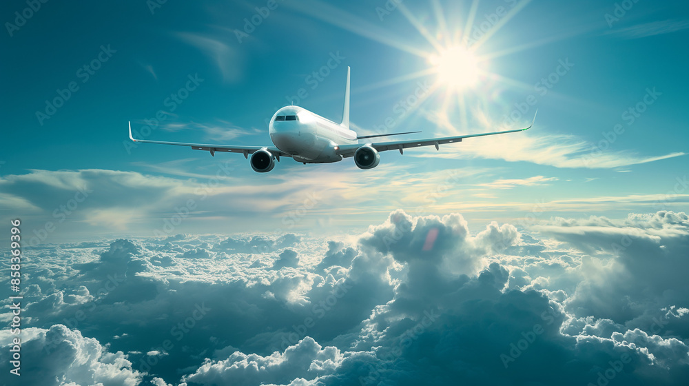Commercial airline with blue sky and sun on the background Commercial airline with blue sky and sun on the background