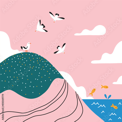 Cartoon landscape with a rock and seagulls, vector illustration
