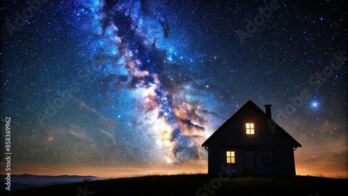 Dark silhouette of a house under a starry night sky, house, night, silhouette, stars, moon, dark, sky, exterior © Woonsen