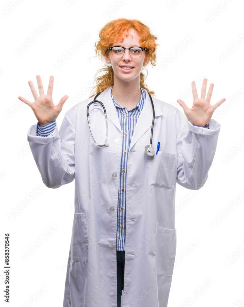 Young redhead woman wearing doctor uniform showing and pointing up with fingers number ten while smiling confident and happy. Young redhead woman wearing doctor uniform showing and pointing up with fingers number ten while smiling confident and happy.