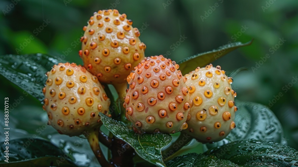 Closeup of a Bunch of Yellow and Orange Spotted Fruit on Green Foliage