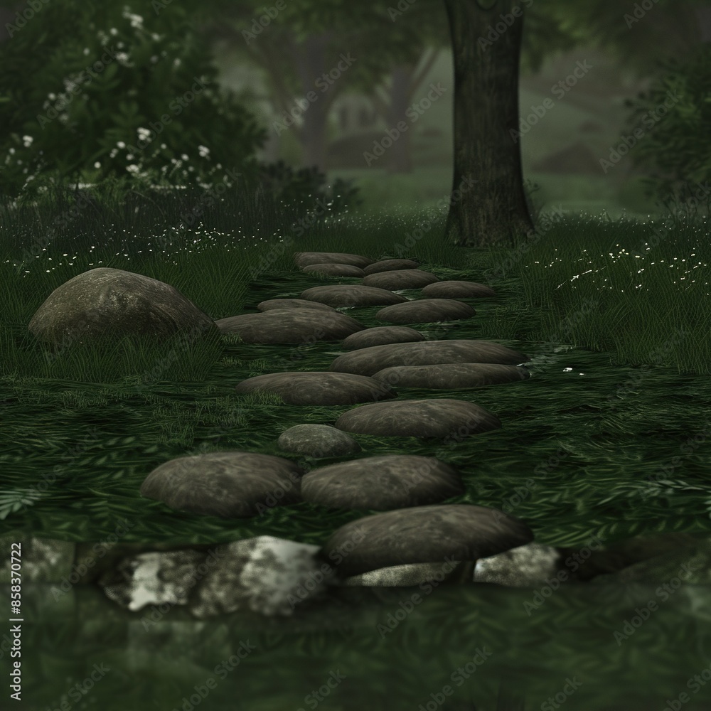 A rock-lined path surrounded by grass, trees, and rocks on either side A rock-lined path surrounded by grass, trees, and rocks on either side