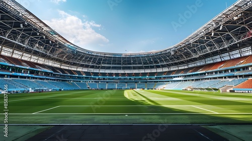 A soccer field with a bright green grass. Football stadium arena for professional match with spotlight