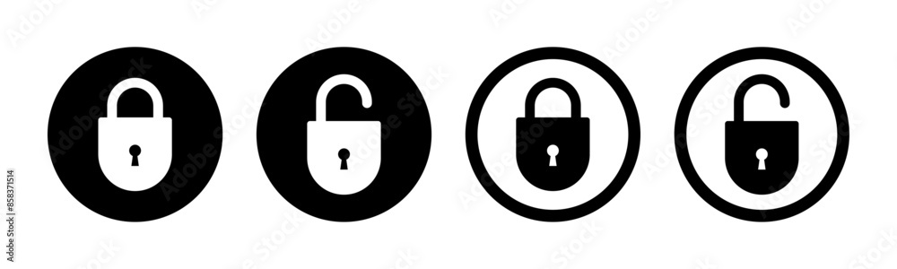 Lock and unlock icon set in circle and stroke style in black and white color in curve square style. Lock icon collection. Locked and unlocked black stroke icon. Flat security symbol. Vector Icon. Lock and unlock icon set in circle and stroke style in black and white color in curve square style. Lock icon collection. Locked and unlocked black stroke icon. Flat security symbol. Vector Icon.