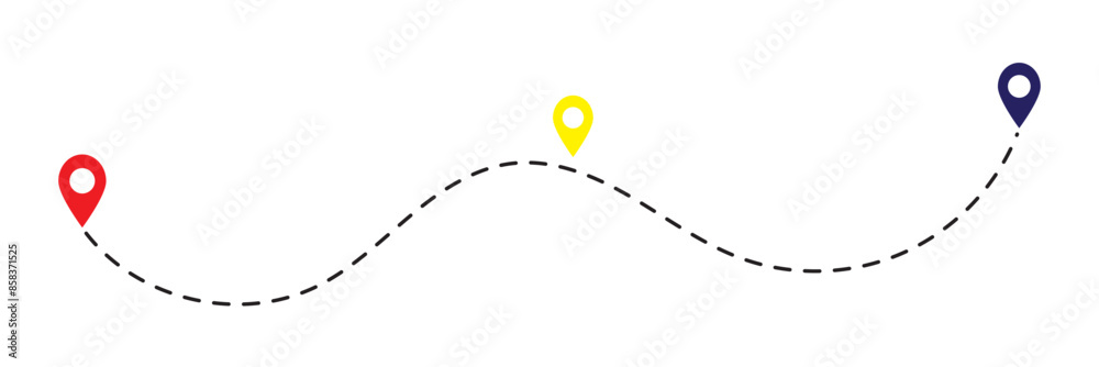 Route location icon, three map pin sign and road or path, start and end journey symbol, black color vector illustration isolated on white background