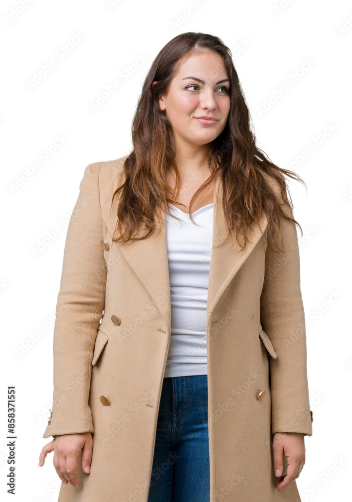 Beautiful plus size young woman wearing winter coat over isolated background smiling looking side and staring away thinking. Beautiful plus size young woman wearing winter coat over isolated background smiling looking side and staring away thinking.