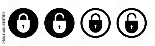 Lock and unlock icon set in circle and stroke style in black and white color in curve square style. Lock icon collection. Locked and unlocked black stroke icon. Flat security symbol. Vector Icon.