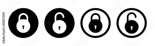 Lock and unlock icon set in circle and stroke style in black and white color. Lock icon collection. Locked and unlocked black stroke icon. Flat security symbol. Vector Icon.