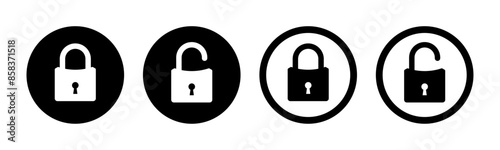Lock and unlock icon set in circle and stroke style in black and white color curve rectangle style. Lock icon collection. Locked and unlocked black stroke icon. Flat security symbol. Vector Icon.