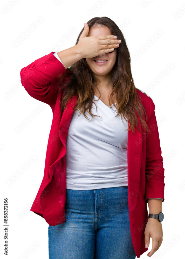 Beautiful plus size young business woman wearing elegant jacket and glasses over isolated background smiling and laughing with hand on face covering eyes for surprise. Blind concept. Beautiful plus size young business woman wearing elegant jacket and glasses over isolated background smiling and laughing with hand on face covering eyes for surprise. Blind concept.