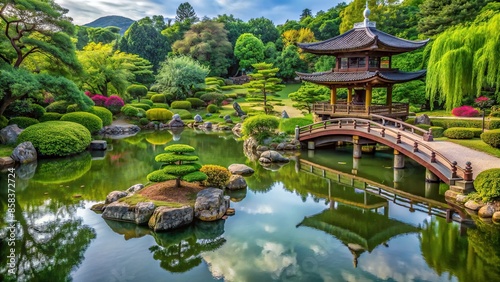 Tranquil Japanese garden featuring a curated landscape with pagodas, bridges, ponds, and lush greenery, Zen, peaceful