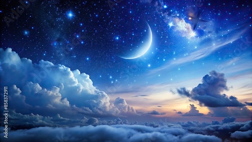 Calm night sky with glowing stars, crescent moon, gradients, flowing clouds, serene, tranquil, peaceful, night, sky, stars, moon