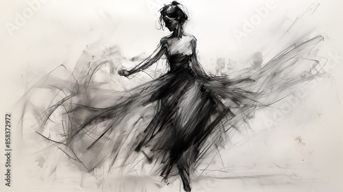 Fototapeta Naklejka Na Ścianę i Meble -  wide entertainment banner, black and white illustration charcoal pencil sketch drawing of women dancing and performing on stage with beautiful long dress, active live event scene in white background