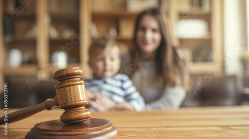 Cute child and mother at table with gavel of judge blurred in background, family law concept