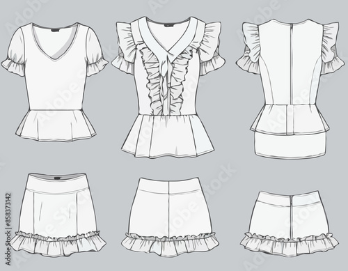 Ruffle Blouse technical fashion Illustration, seamless pattern. Peplum Top fashion flat technical drawing template, v-neck, short sleeve, peplum, front and back view, gray, women Top CAD mockup