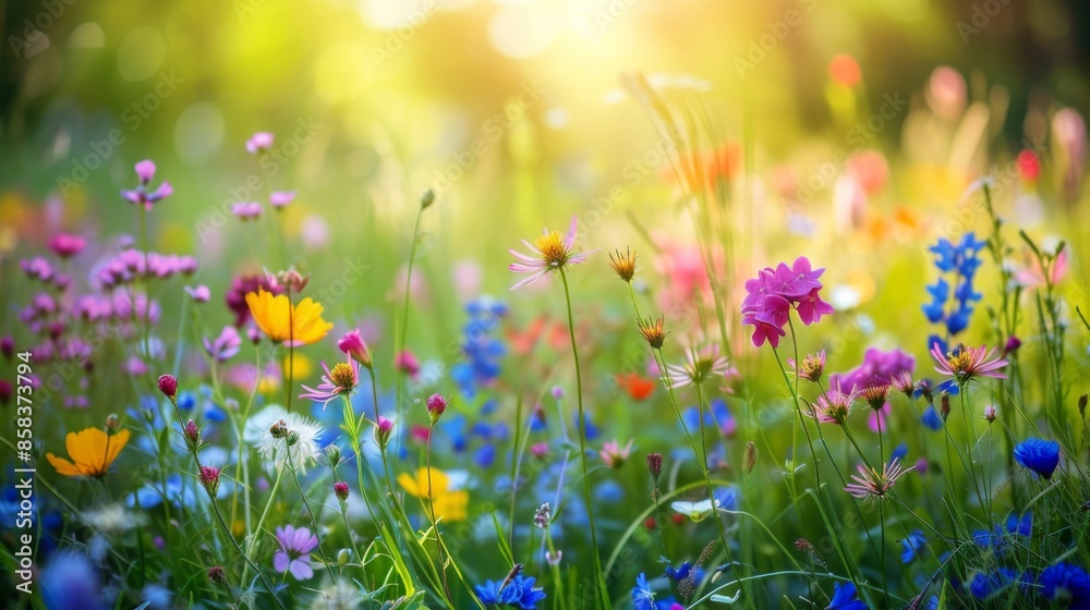 A vibrant spring meadow filled with wildflowers basking in the warm sunlight A vibrant spring meadow filled with wildflowers basking in the warm sunlight