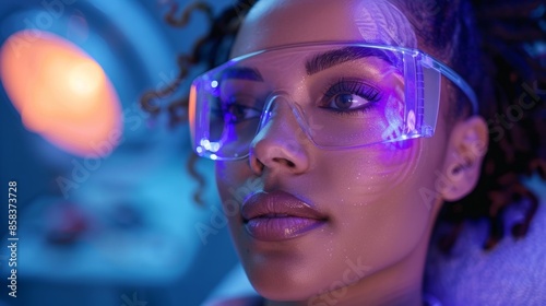 Close-up of a woman face wearing protective glasses during a blue light treatment.