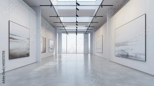 Modern art gallery with paintings and skylight views
