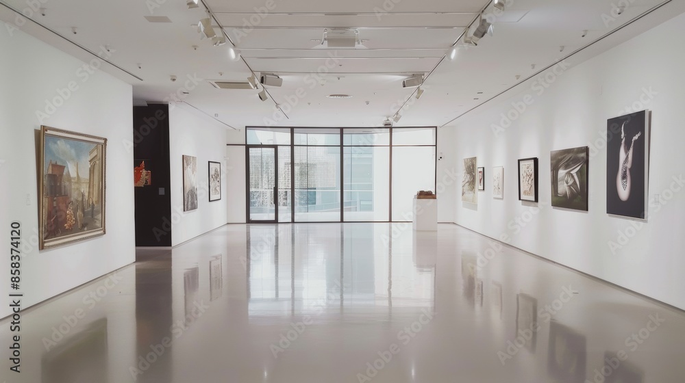 Modern art gallery interior with paintings and glass windows Modern art gallery interior with paintings and glass windows