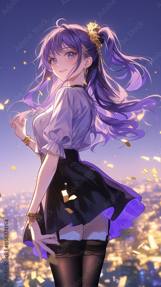 Elegant Purple Backdrop with Golden Confetti Dancing in Celebration - お祝いで踊る金色の紙吹雪とエレガントな紫色の背景 Elegant Purple Backdrop with Golden Confetti Dancing in Celebration - お祝いで踊る金色の紙吹雪とエレガントな紫色の背景
