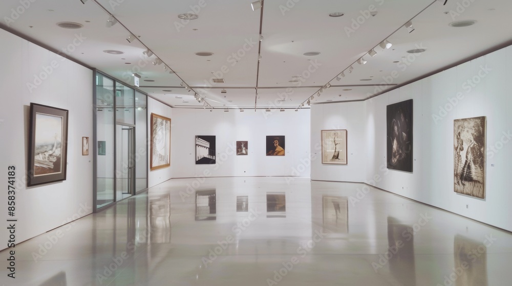 Modern art gallery interior with paintings on display Modern art gallery interior with paintings on display