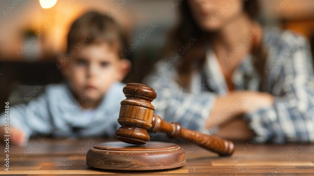 Cute child and mother at table with gavel of judge blurred in background, family law concept Cute child and mother at table with gavel of judge blurred in background, family law concept
