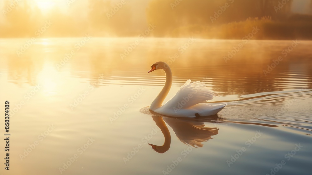 Fototapeta premium A graceful swan gliding smoothly across a calm lake at sunrise, with the soft morning light reflecting on the water